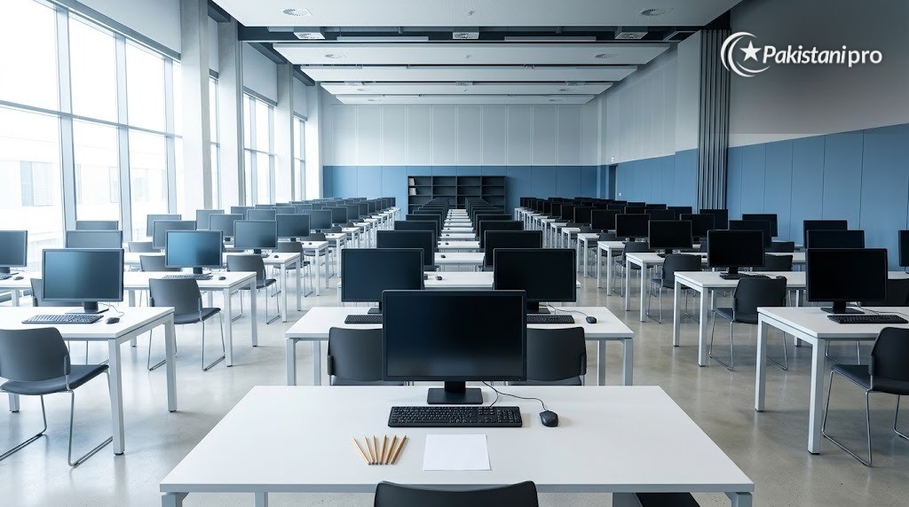 University admissions in Pakistan: empty computer-based entry test hall (AI-generated illustration)