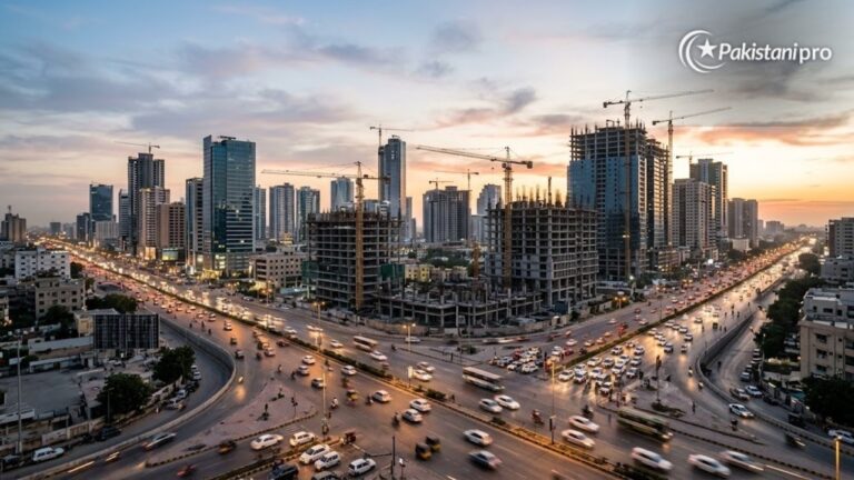 World Bank Pakistan report: city skyline and economy theme (AI illustration)