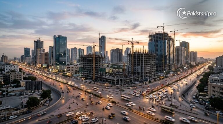 World Bank Pakistan report: city skyline and economy theme (AI illustration)