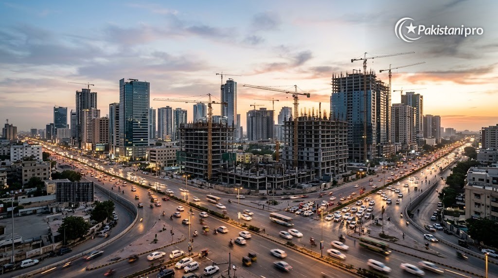 World Bank Pakistan report: city skyline and economy theme (AI illustration)